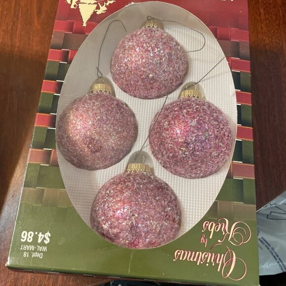 Vintage Christmas By Krebs Round Pink Embellished Glass Ornaments - Set of 8 - Picture 4 of 5